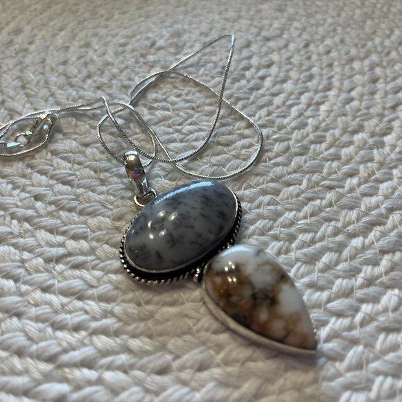 Stunning DENDRITIC OPAL & FOSSIL CORAL Handmade Sterling 925 Pendant/Chain #958D - Picture 1 of 3